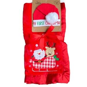Baby's First Christmas Red Santa & Reindeer Baby Blanket and Santa Hat for Photo